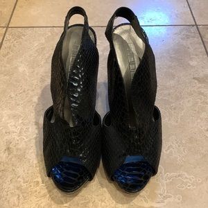 Black Snake Print Peep Toe Heels
